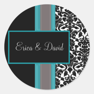 Aqua White Black Damask Wedding Invitations Classic Round Sticker