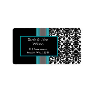 Aqua White Black Damask Wedding Invitations Label