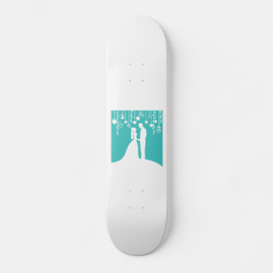 Aqua & White Bride and Groom Wedding Silhouettes Skateboard