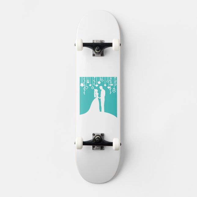 Aqua & White Bride and Groom Wedding Silhouettes Skateboard (Front)