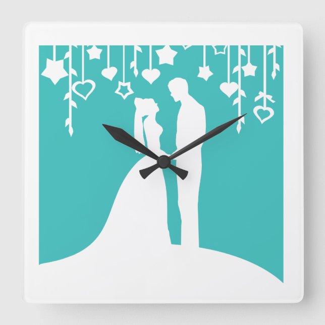 Aqua & White Bride and Groom Wedding Silhouettes Square Wall Clock (Front)
