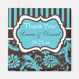 Aqua, White, Brown Damask Wedding Favour Magnet