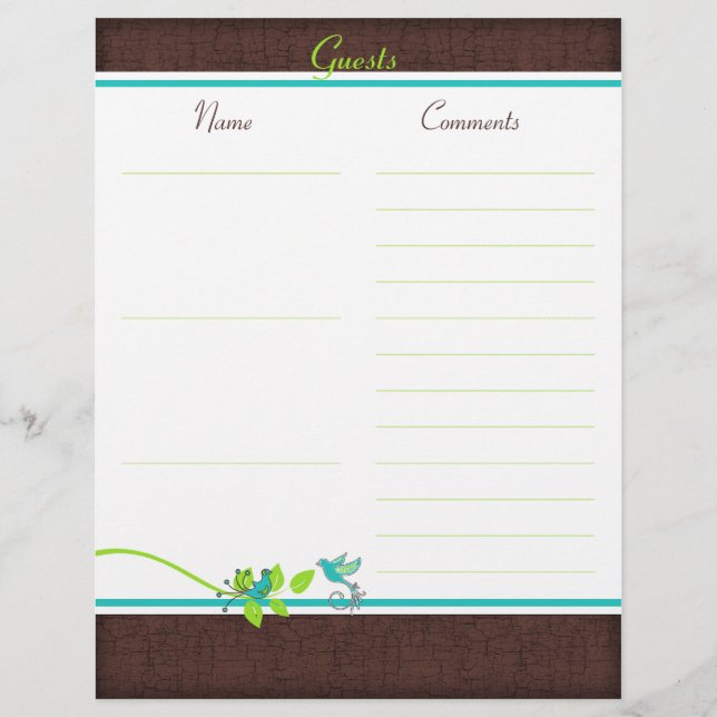 Aqua, White, Brown, Green Birds Guest Book Paper (Front)