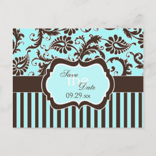 Aqua White Brown Striped Damask Save the Date Card