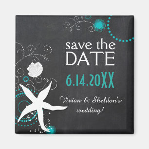 Aqua White Chalkboard Beach Wedding Save the Date Magnet