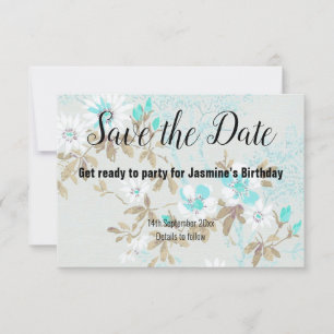 AQUA WHITE CHERRY BLOSSOM SAVE THE DATE RSVP CARD