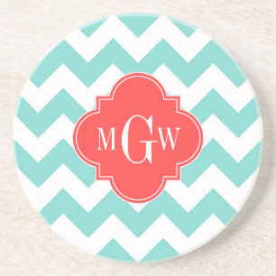 Aqua White Chevron Coral Red Quatrefoil 3 Monogram Coaster