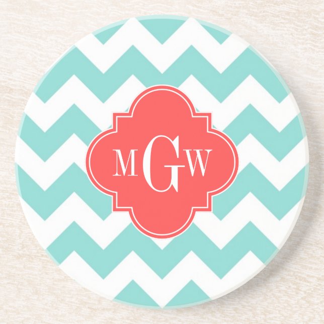 Aqua White Chevron Coral Red Quatrefoil 3 Monogram Coaster (Front)