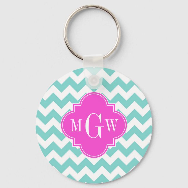 Aqua White Chevron Hot Pink Quatrefoil 3 Monogram Key Ring (Front)