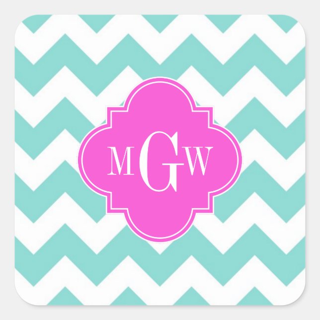 Aqua White Chevron Hot Pink Quatrefoil 3 Monogram Square Sticker (Front)