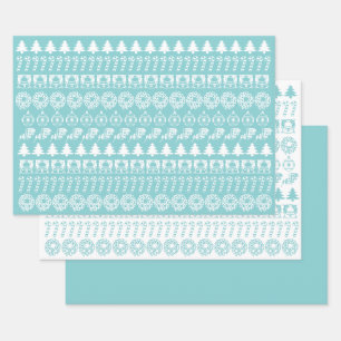 Aqua/White Christmas Iconic Pattern Wrapping Paper Sheet