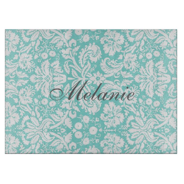 Aqua White Damask Custom Name Cutting Board (Front)