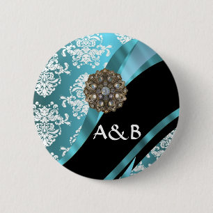 Aqua & white damask with faux crystal gem 6 cm round badge