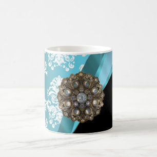 Aqua & white damask with faux crystal gem coffee mug