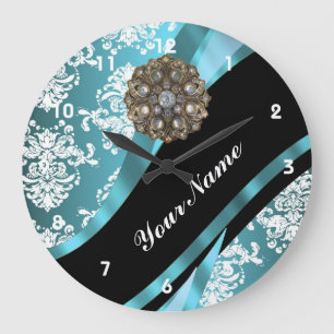 Aqua & white damask with faux crystal gem large clock