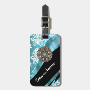 Aqua & white damask with faux crystal gem luggage tag