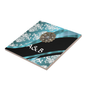 Aqua & white damask with faux crystal gem tile