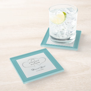 Aqua & White Elegant Wedding Hearts Forever Love Glass Coaster