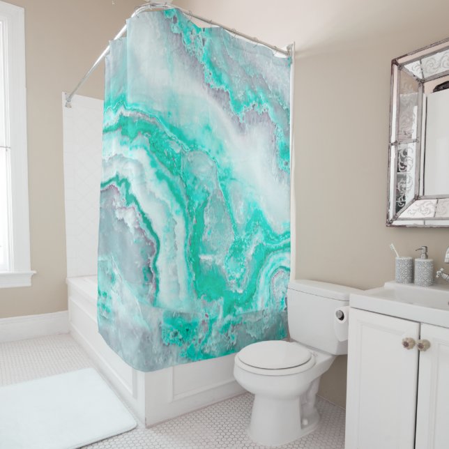 Aqua White Gemstone Agate Mineral Quartz Shower Curtain (In Situ)