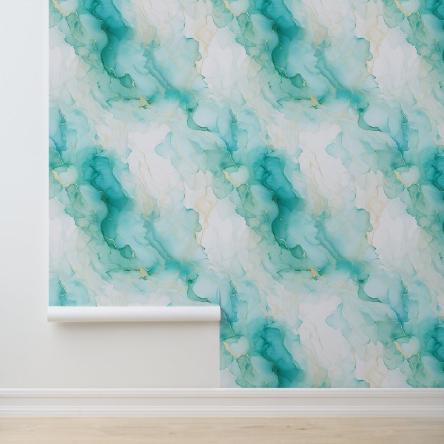 Aqua White Gold Marble Wallpaper (Application)