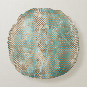 Aqua White Gold Snake Print Round Cushion