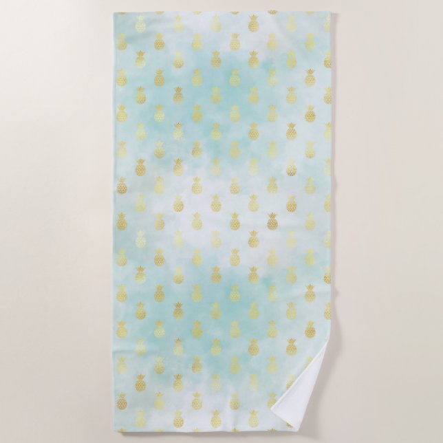Aqua White Gold Tropical Glam Pineapples Beach Towel (Front)