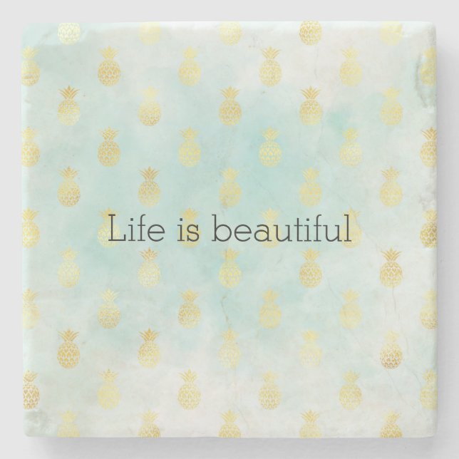 Aqua White Gold Tropical Glam Pineapples Coaster (Front)