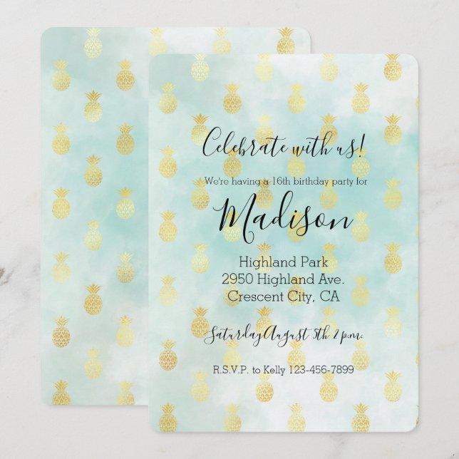 Aqua White Gold Tropical Glam Pineapples Invitation (Front/Back)