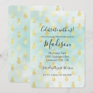Aqua White Gold Tropical Glam Pineapples Invitation