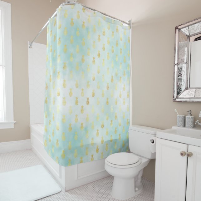 Aqua White Gold Tropical Glam Pineapples Shower Curtain (In Situ)