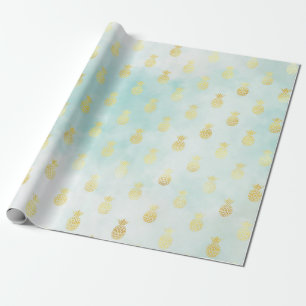 Aqua White Gold Tropical Glam Pineapples Wrapping Paper