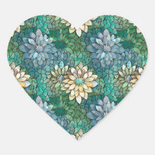 Aqua White Green Floral Heart Sticker