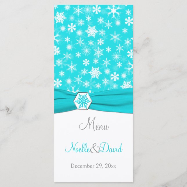 Aqua, White, Grey Snowflakes Menu Card (Front)