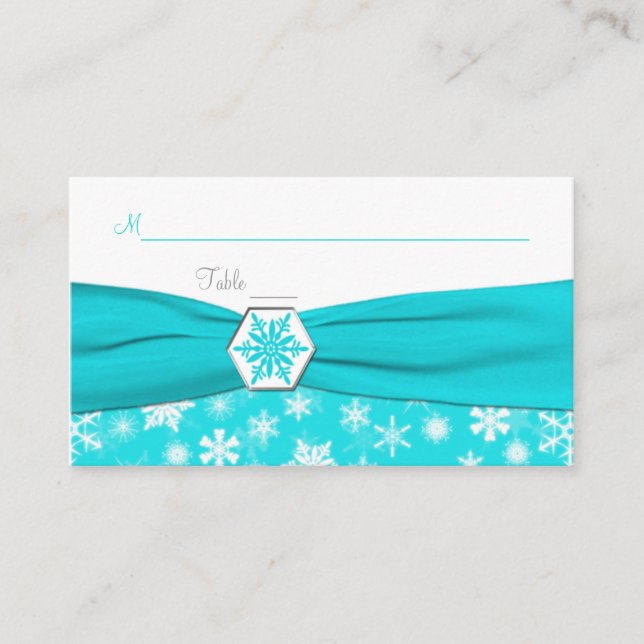 Aqua, White, Grey Snowflakes Place Cards (Front)