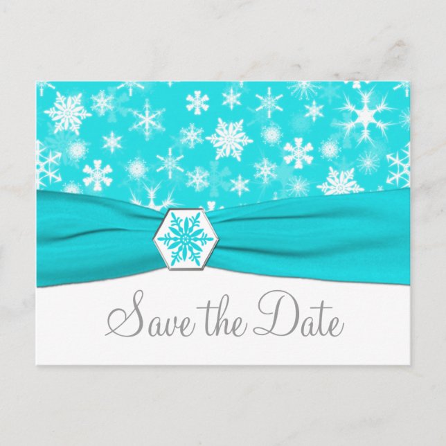 Aqua, White, Grey Snowflakes Save the Date Card (Front)