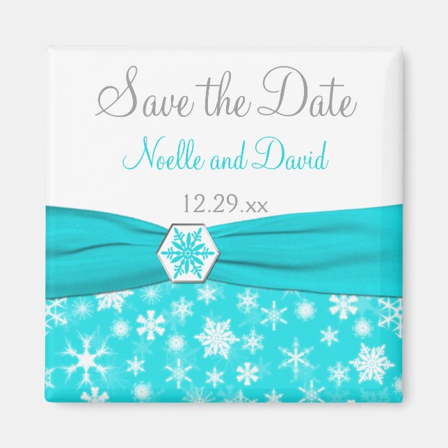 Aqua, White, Grey Snowflakes Save the Date Magnet (Front)