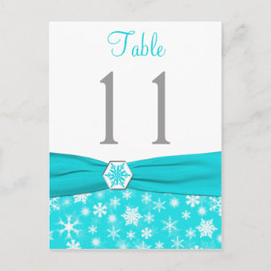 Aqua, White, Grey Snowflakes Table Number Card