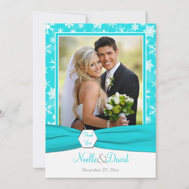 Aqua, White, Grey Snowflakes Thank You Card - Flat (Front)
