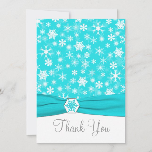 Aqua, White, Grey Snowflakes Thank You Card-Flat Invitation (Front)