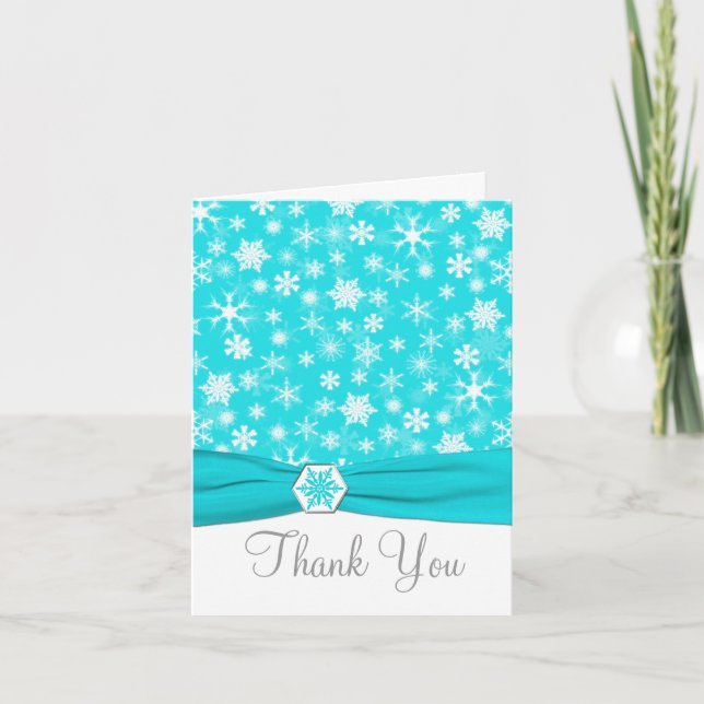Aqua, White, Grey Snowflakes Thank You Note Card (Front)