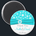 Aqua, White, Grey Snowflakes Wedding Favour Magnet<br><div class="desc">This turquoise and white snowflakes wedding favour thank you magnet with FAUX aqua blue ribbon and snowflake medallion matches the wedding invitation shown below. All the text is customisable, and you can change the size and shape. If you require any other matching items in this design, please email your request...</div>