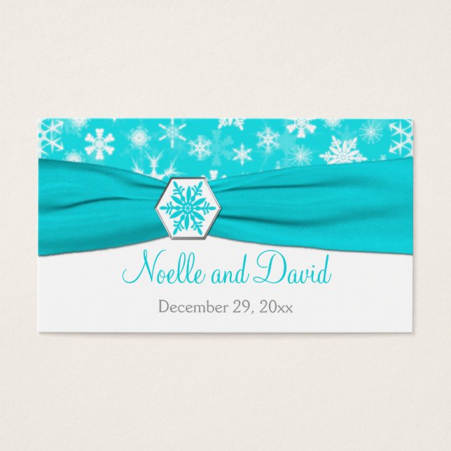 Aqua, White, Grey Snowflakes Wedding Favour Tag (Front)