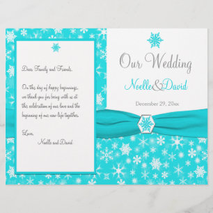 Aqua, White, Grey Snowflakes Wedding Program