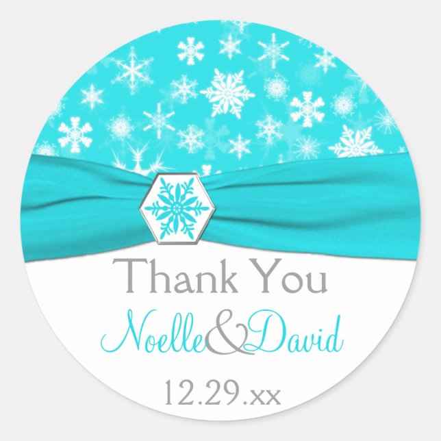 Aqua, White, Grey Snowflakes Wedding Sticker (Front)