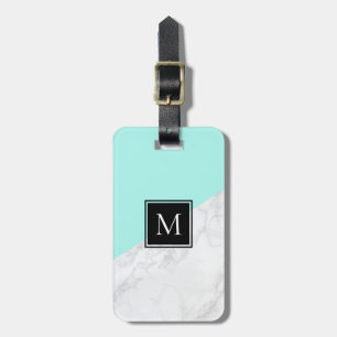 Aqua White Marble Monogram Luggage Tag