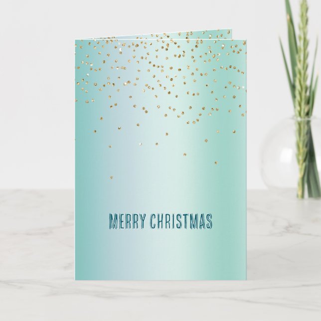 Aqua White Mint Gold Confetti Christmas Card (Front)