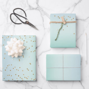 Aqua White Mint Gold Confetti Christmas Wrapping Paper Sheet