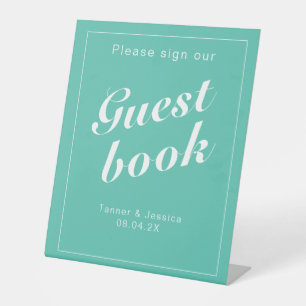 Aqua & White Modern Minimalist Guestbook Pedestal Sign