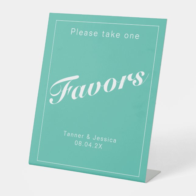 Aqua & White Modern Minimalist Wedding Favour Pedestal Sign (Front)