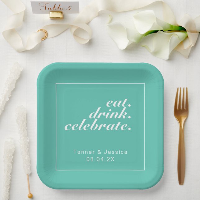 Aqua & White Modern Minimalist Wedding  Paper Plate (Wedding)
